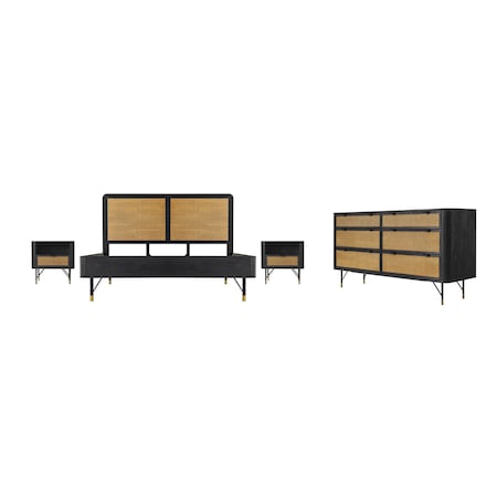 Armen Living Saratoga 4 Piece King Bedroom Set in Black Acacia Wood and Rattan SETSRBDKG4A
